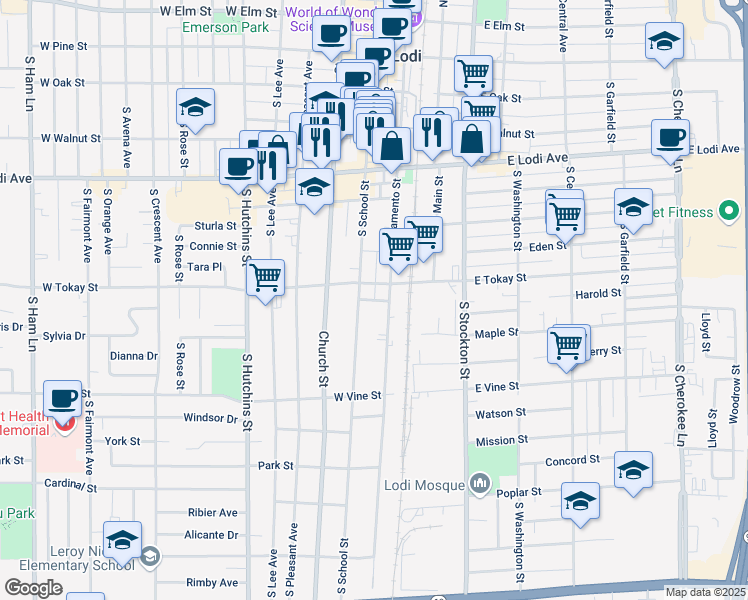map of restaurants, bars, coffee shops, grocery stores, and more near 6 West Spruce Street in Lodi