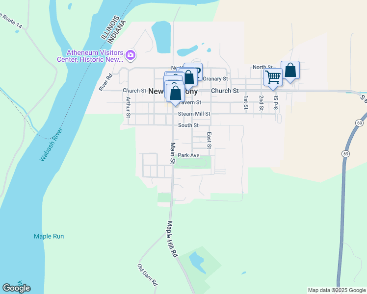 map of restaurants, bars, coffee shops, grocery stores, and more near 918 Main Street in New Harmony