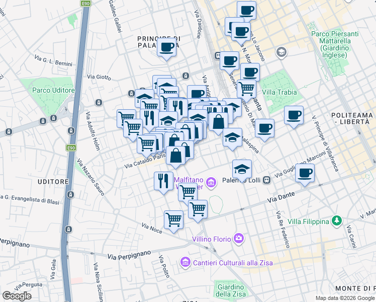 map of restaurants, bars, coffee shops, grocery stores, and more near 8 Via Francesco Vivona in Palermo