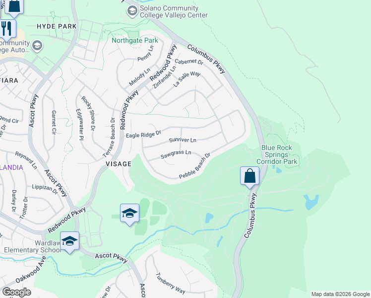 map of restaurants, bars, coffee shops, grocery stores, and more near 6660 Sawgrass Lane in Vallejo