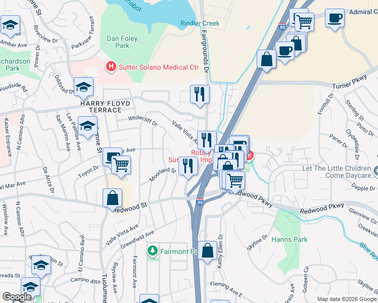 map of restaurants, bars, coffee shops, grocery stores, and more near 301 Fairgrounds Drive in Vallejo