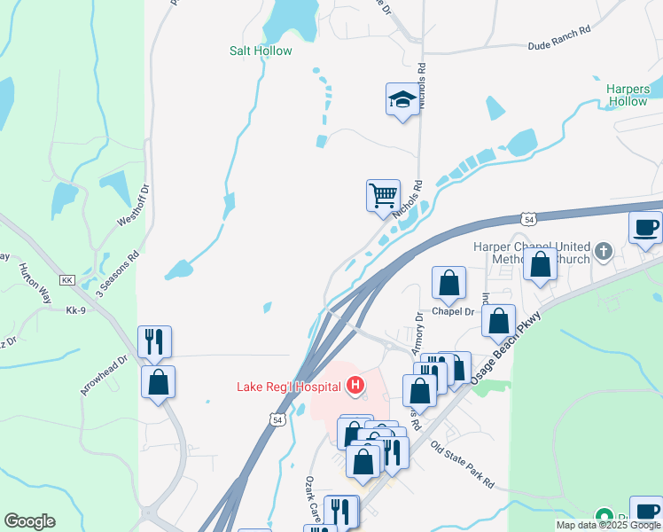 map of restaurants, bars, coffee shops, grocery stores, and more near 1145 Nichols Road in Osage Beach