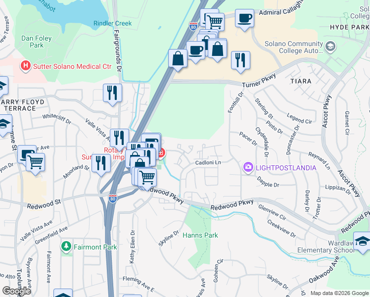 map of restaurants, bars, coffee shops, grocery stores, and more near 60 Rotary Way in Vallejo