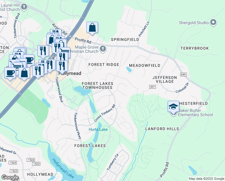map of restaurants, bars, coffee shops, grocery stores, and more near 2040 Whispering Woods Drive in Charlottesville