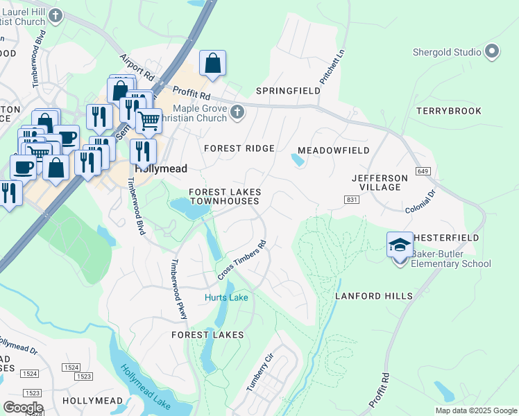 map of restaurants, bars, coffee shops, grocery stores, and more near 2040 Whispering Woods Drive in Charlottesville