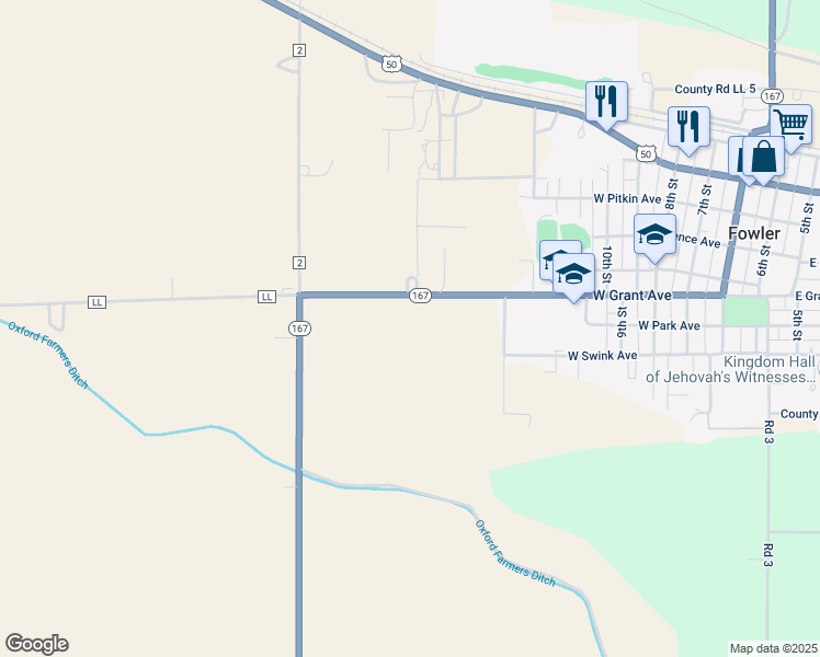 map of restaurants, bars, coffee shops, grocery stores, and more near 33920 State Highway 167 in Fowler