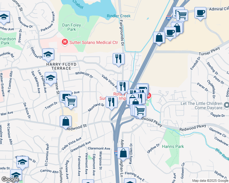 map of restaurants, bars, coffee shops, grocery stores, and more near 1613 Valle Vista Avenue in Vallejo