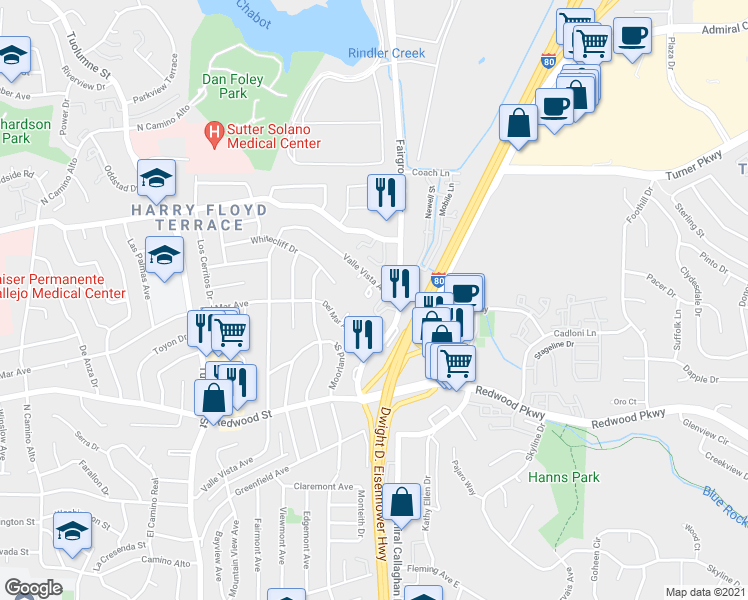 map of restaurants, bars, coffee shops, grocery stores, and more near 1562 Valle Vista Avenue in Vallejo