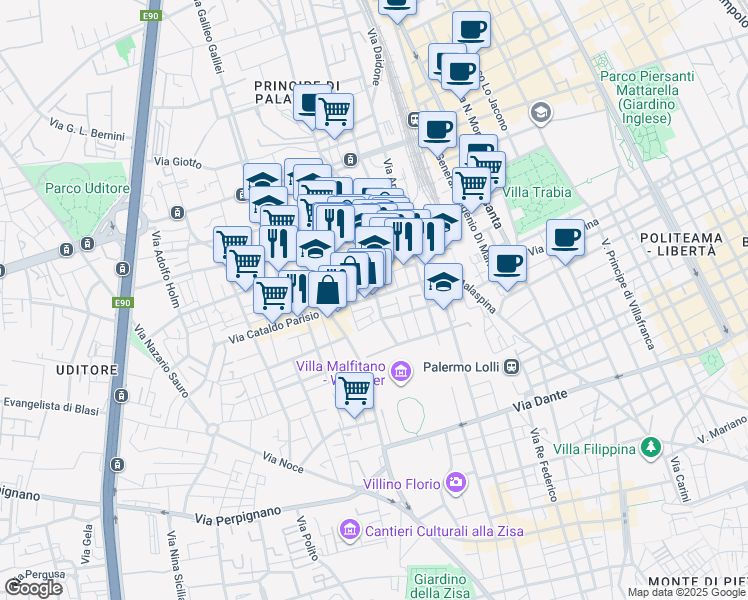 map of restaurants, bars, coffee shops, grocery stores, and more near 85 Via Generale Giuseppe Sirtori in Palermo