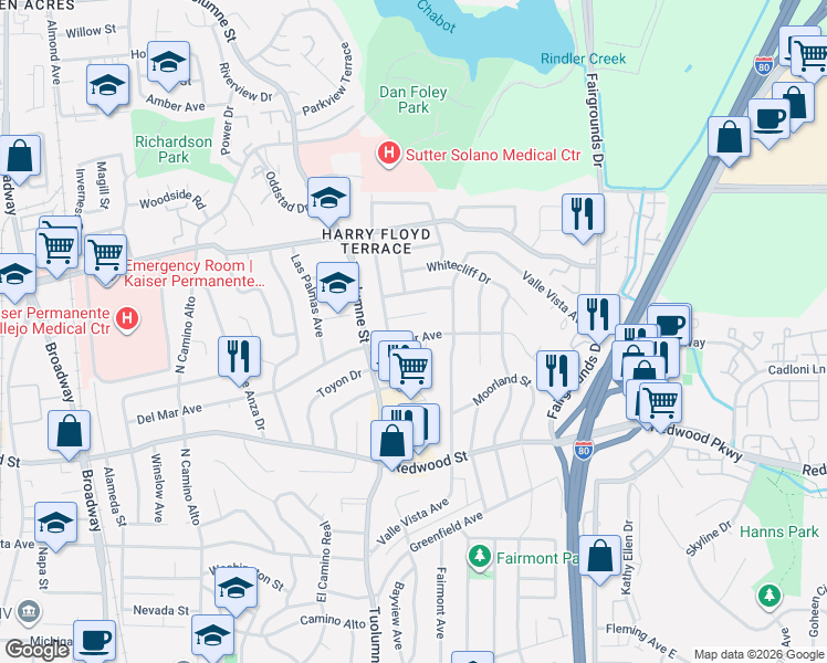 map of restaurants, bars, coffee shops, grocery stores, and more near 126 San Gorgonio Avenue in Vallejo