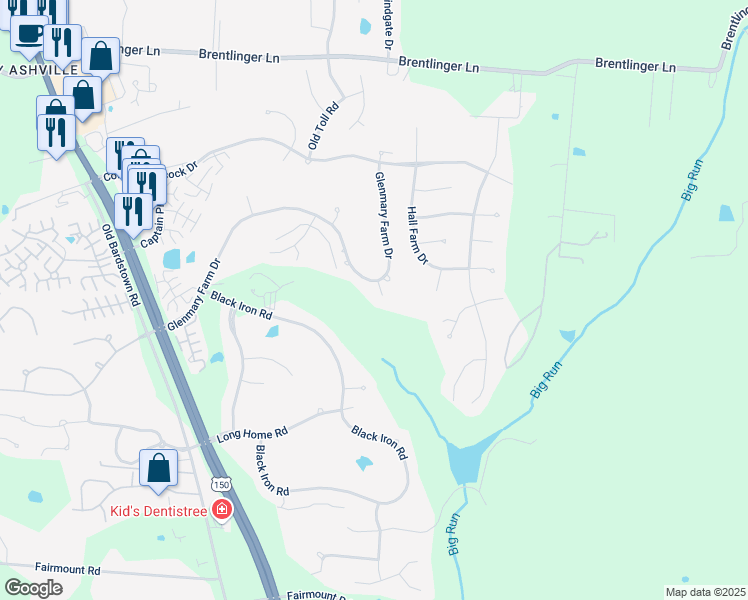 map of restaurants, bars, coffee shops, grocery stores, and more near 8102 Glen Falls Court in Louisville