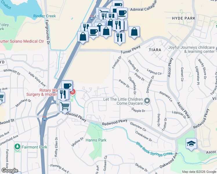 map of restaurants, bars, coffee shops, grocery stores, and more near 725 Foothill Drive in Vallejo