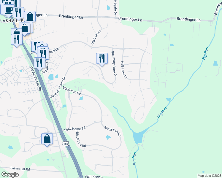 map of restaurants, bars, coffee shops, grocery stores, and more near 8102 Glen Falls Court in Louisville