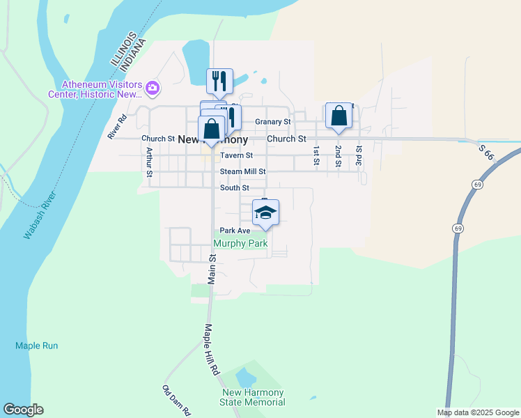 map of restaurants, bars, coffee shops, grocery stores, and more near East St in New Harmony
