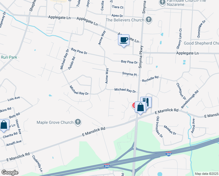 map of restaurants, bars, coffee shops, grocery stores, and more near 8615 Michael Ray Drive in Louisville