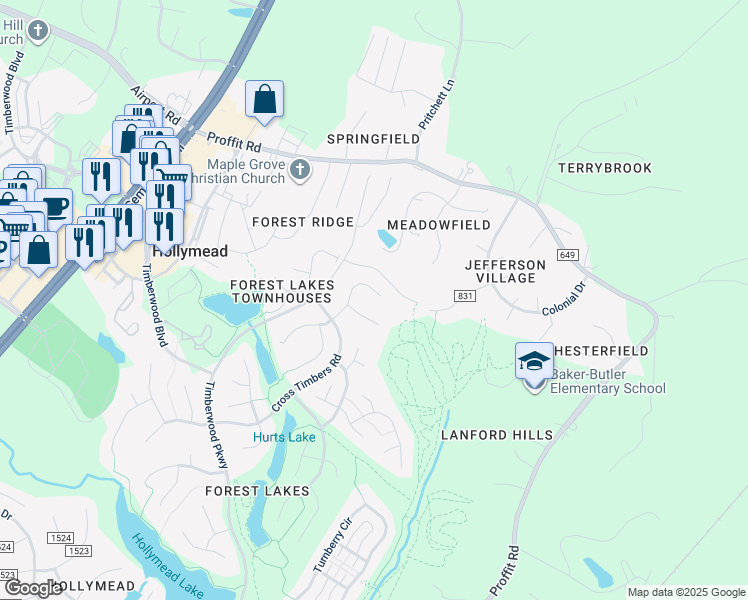 map of restaurants, bars, coffee shops, grocery stores, and more near 2084 Whispering Woods Dr in Charlottesville