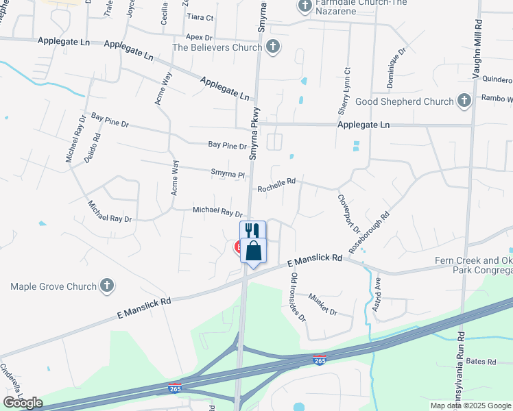 map of restaurants, bars, coffee shops, grocery stores, and more near 8223 Rochelle Road in Louisville