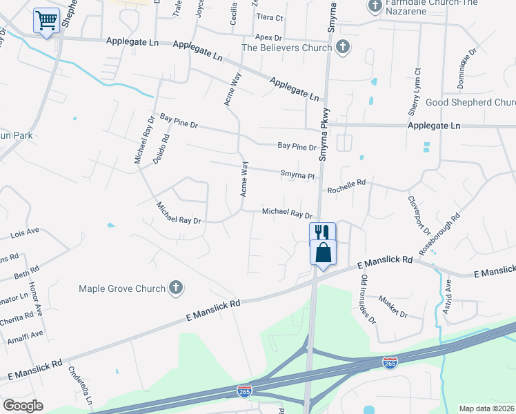 map of restaurants, bars, coffee shops, grocery stores, and more near 8402 La Cima Court in Louisville