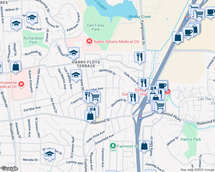 map of restaurants, bars, coffee shops, grocery stores, and more near 1201 Valle Vista Avenue in Vallejo