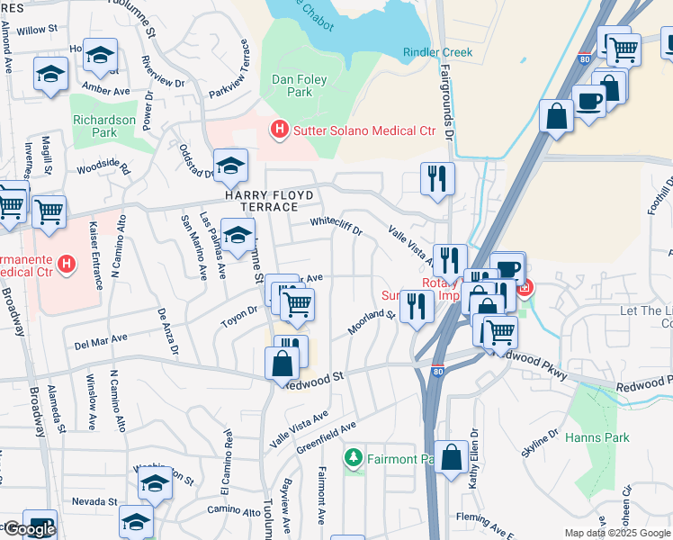 map of restaurants, bars, coffee shops, grocery stores, and more near 1201 Valle Vista Avenue in Vallejo