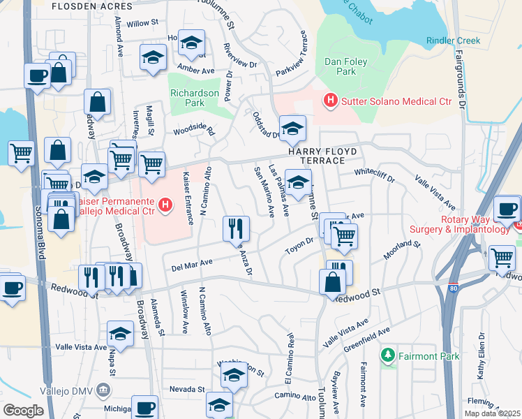 map of restaurants, bars, coffee shops, grocery stores, and more near 136 Mesa Verde Street in Vallejo
