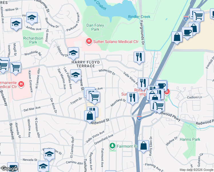 map of restaurants, bars, coffee shops, grocery stores, and more near 1220 Valle Vista Avenue in Vallejo