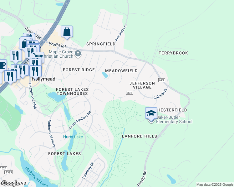 map of restaurants, bars, coffee shops, grocery stores, and more near 2144 Timber Pointe Road in Charlottesville