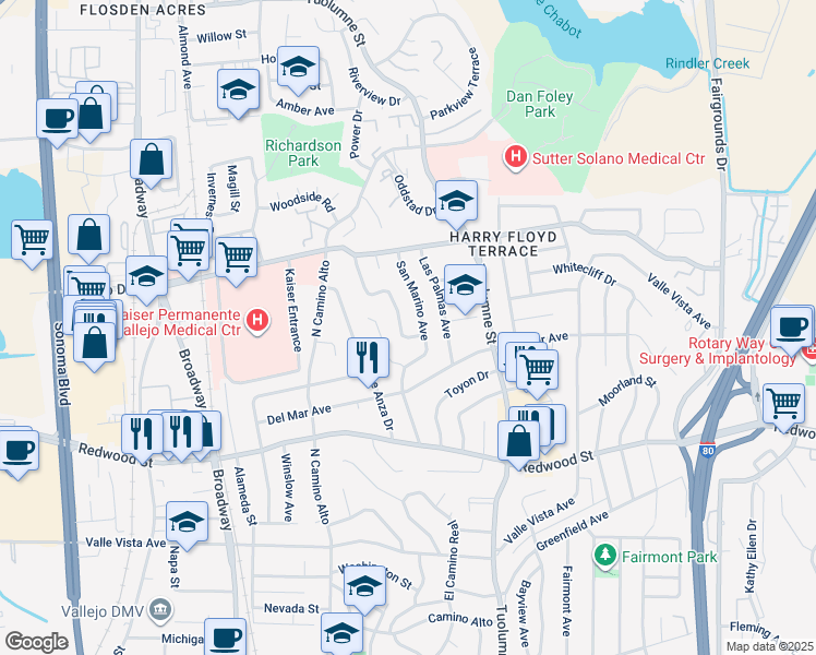 map of restaurants, bars, coffee shops, grocery stores, and more near 136 Mesa Verde Street in Vallejo