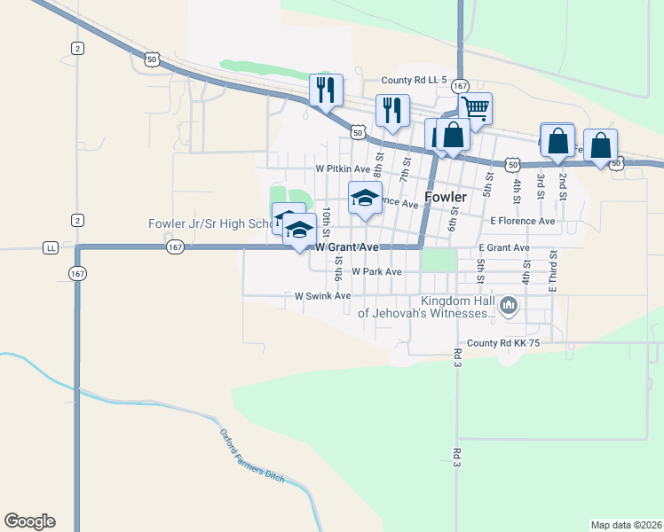 map of restaurants, bars, coffee shops, grocery stores, and more near 500-504 West Grant Avenue in Fowler