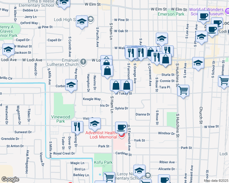 map of restaurants, bars, coffee shops, grocery stores, and more near 631B South Ham Lane in Lodi