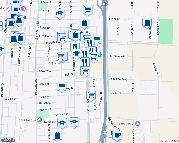 map of restaurants, bars, coffee shops, grocery stores, and more near 710 South Cherokee Lane in Lodi