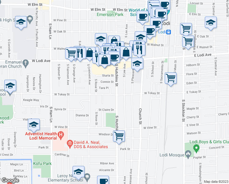 map of restaurants, bars, coffee shops, grocery stores, and more near 623 South Hutchins Street in Lodi