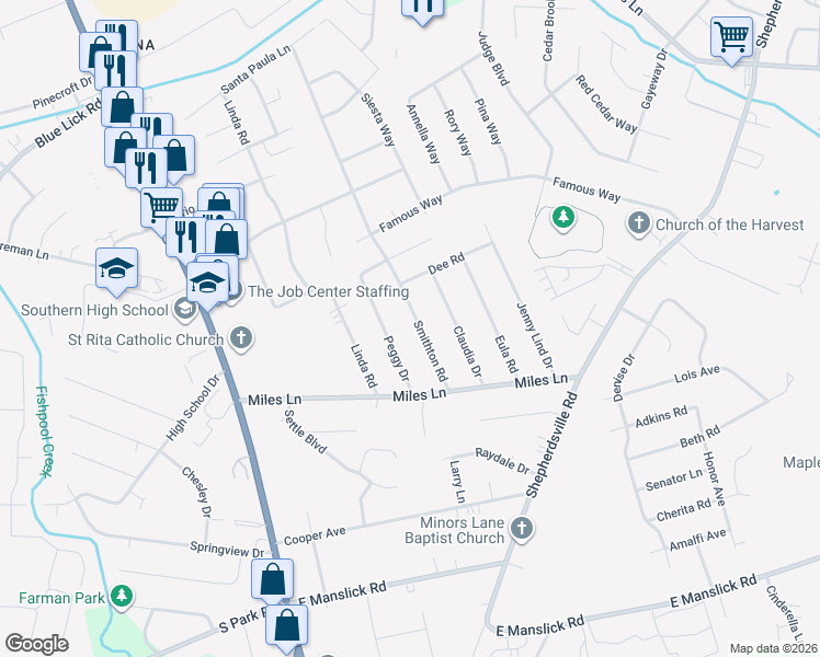 map of restaurants, bars, coffee shops, grocery stores, and more near 8514 Smithton Road in Louisville