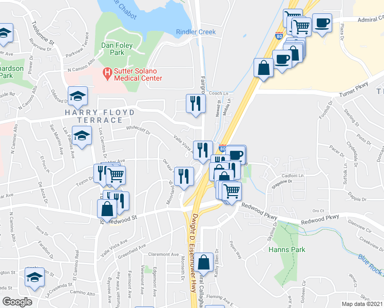 map of restaurants, bars, coffee shops, grocery stores, and more near 1562 Valle Vista Avenue in Vallejo