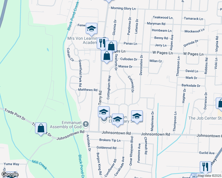 map of restaurants, bars, coffee shops, grocery stores, and more near 8714 Cottingham Way in Louisville