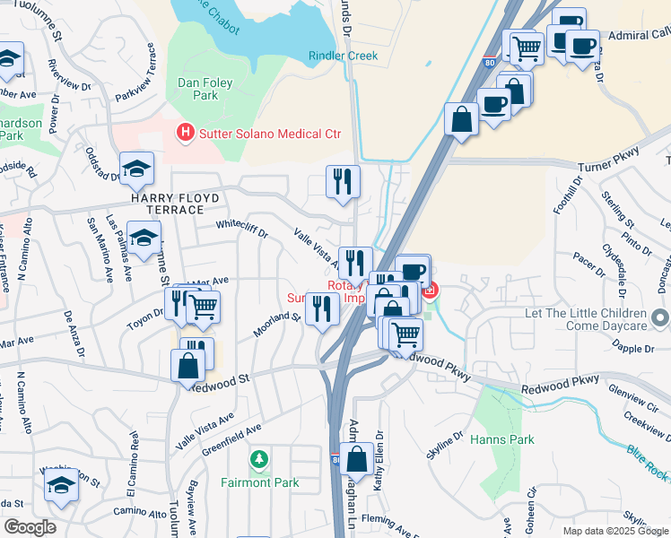 map of restaurants, bars, coffee shops, grocery stores, and more near 1633 Valle Vista Avenue in Vallejo