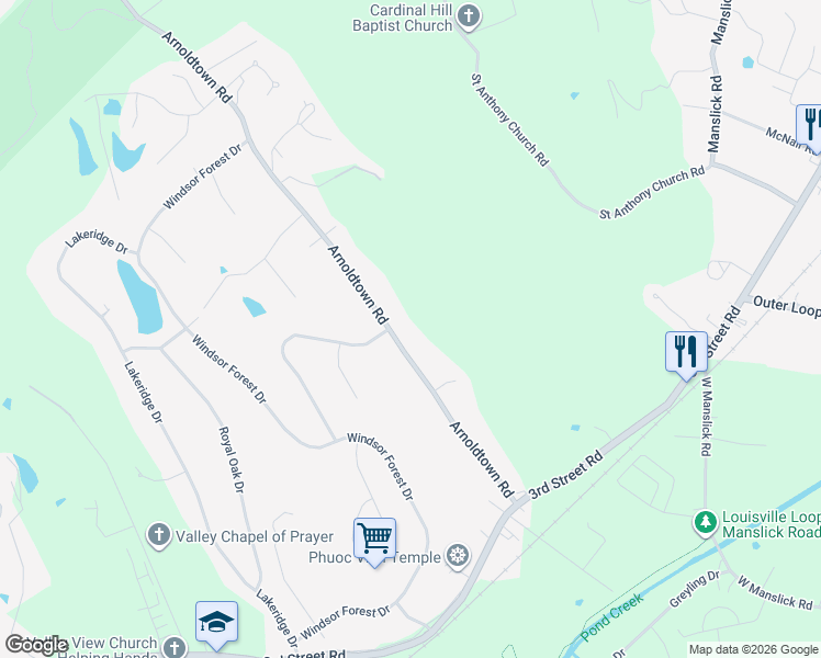 map of restaurants, bars, coffee shops, grocery stores, and more near 8202 Arnoldtown Road in Louisville