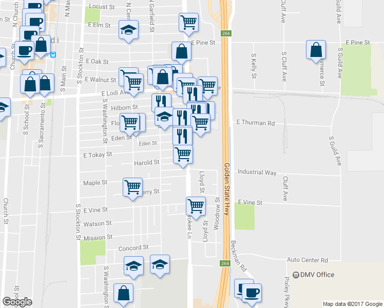 map of restaurants, bars, coffee shops, grocery stores, and more near 710 South Cherokee Lane in Lodi