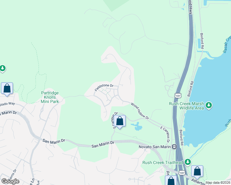 map of restaurants, bars, coffee shops, grocery stores, and more near 18 Bridle Path Lane in Novato