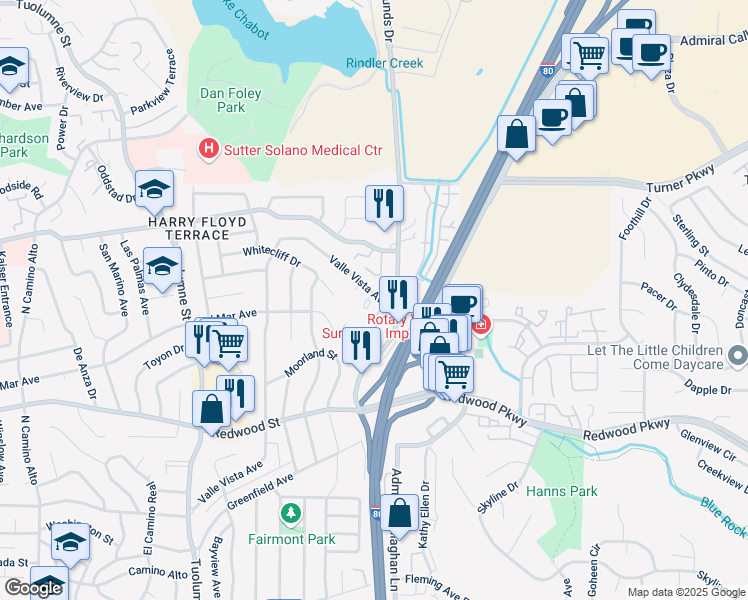 map of restaurants, bars, coffee shops, grocery stores, and more near 1615 Valle Vista Avenue in Vallejo