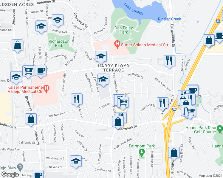 map of restaurants, bars, coffee shops, grocery stores, and more near 1922 Tuolumne Street in Vallejo