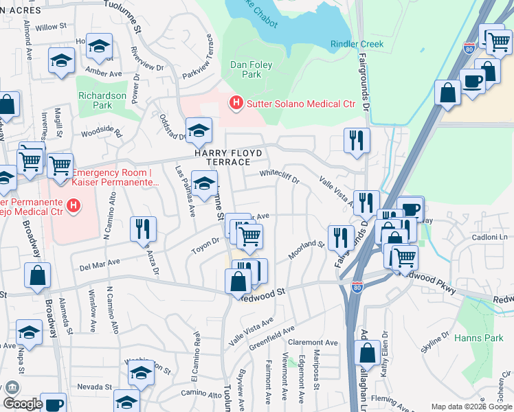 map of restaurants, bars, coffee shops, grocery stores, and more near 133 San Gorgonio Avenue in Vallejo