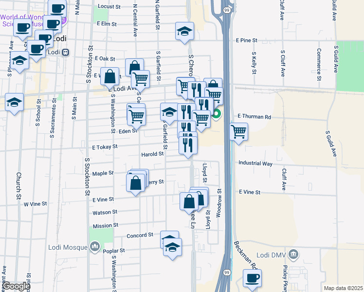 map of restaurants, bars, coffee shops, grocery stores, and more near 525 East Tokay Street in Lodi