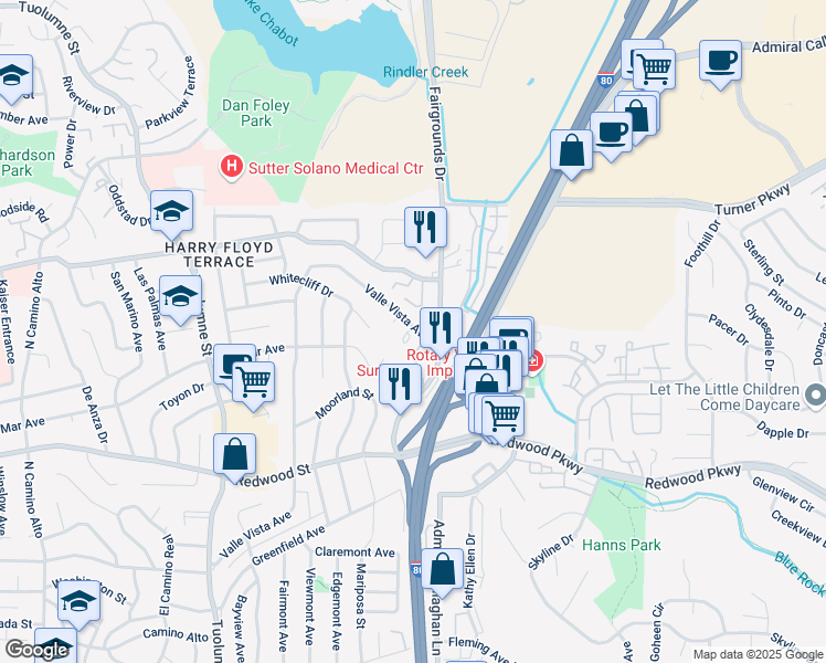 map of restaurants, bars, coffee shops, grocery stores, and more near 1629 Valle Vista Avenue in Vallejo