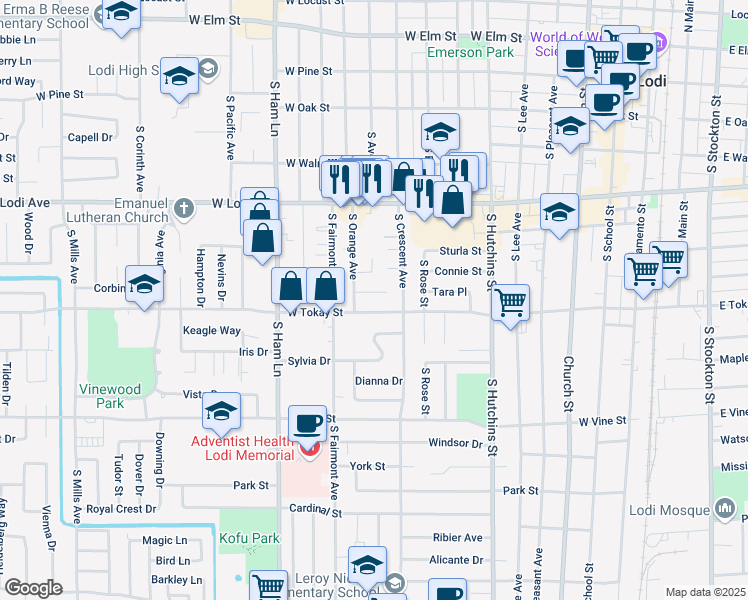 map of restaurants, bars, coffee shops, grocery stores, and more near 918 Tara Place in Lodi