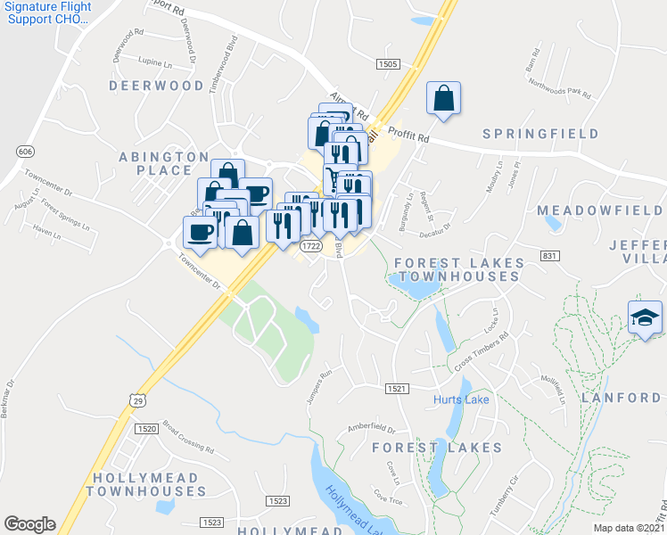 map of restaurants, bars, coffee shops, grocery stores, and more near 3284 Gateway Circle in Charlottesville