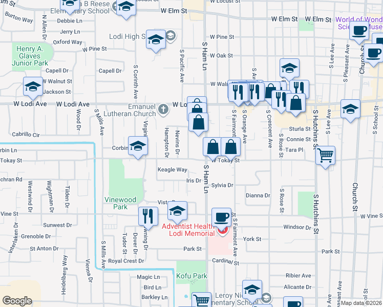 map of restaurants, bars, coffee shops, grocery stores, and more near 621 Huntington Drive in Lodi