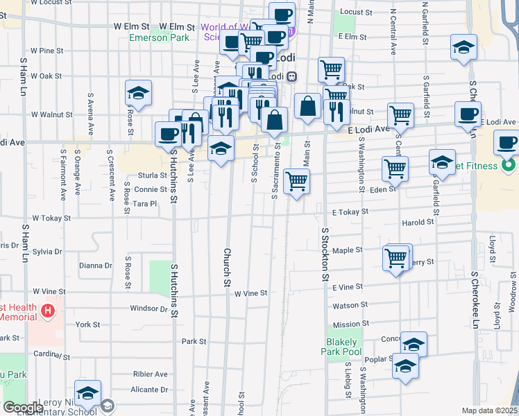map of restaurants, bars, coffee shops, grocery stores, and more near 513 South Sacramento Street in Lodi