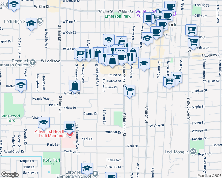 map of restaurants, bars, coffee shops, grocery stores, and more near 548 Tara Pl in Lodi