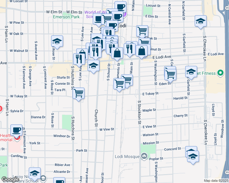 map of restaurants, bars, coffee shops, grocery stores, and more near 513 South Sacramento Street in Lodi